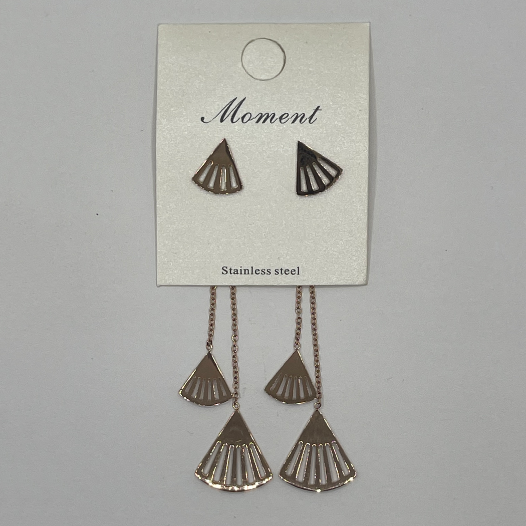 Pair of  gold earrings on a 'Moment' branded card 